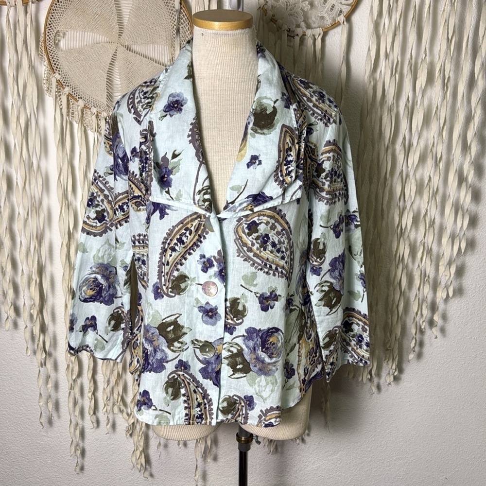 Habitat Soft Blue with Purple Paisley Linen Top Jacket Size Small
